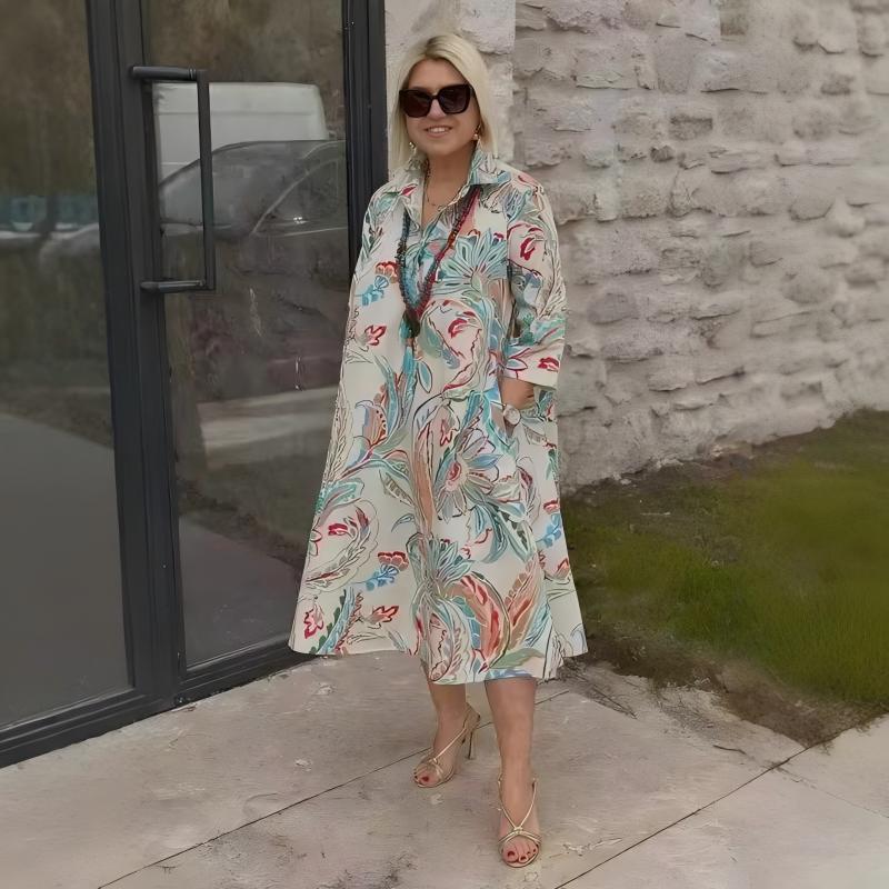 Fargerik kjole med 3/4-lengde ermer, vintage blomstertrykk og lommer