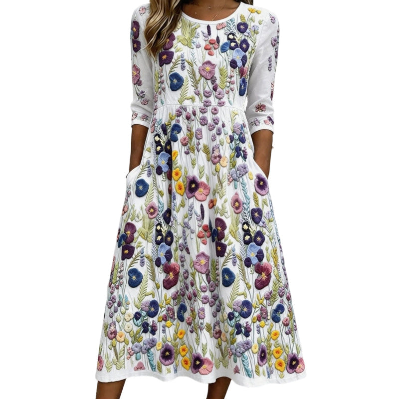 ✨🌺Midikjole for damer med blomstermønster, 3/4-ermer og lommer
