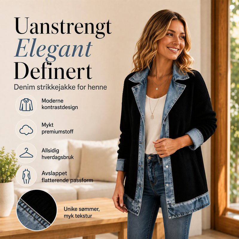 Elegant damekåpe i denim med ribbestrikket innsats