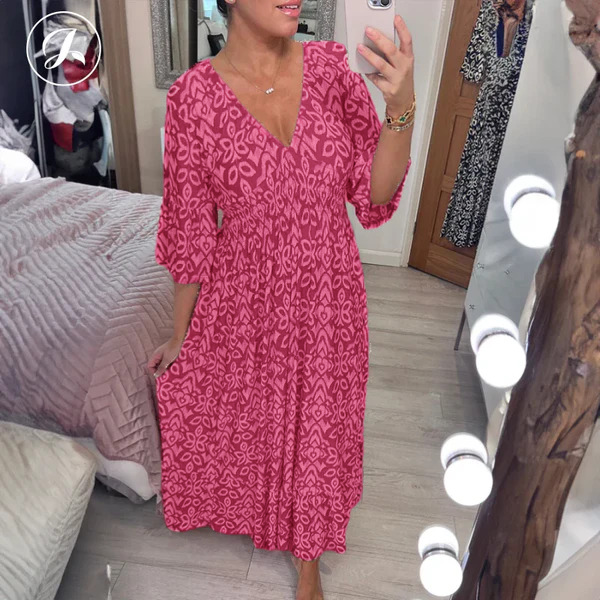 💖SISTE DAGS SALG 50 % RABATT💖Lang kjole i bohemsk stil med V-hals, mønster og snøring i livet