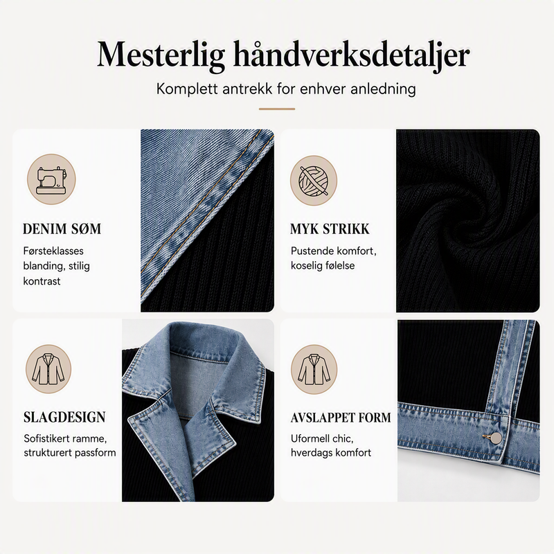 Elegant damekåpe i denim med ribbestrikket innsats