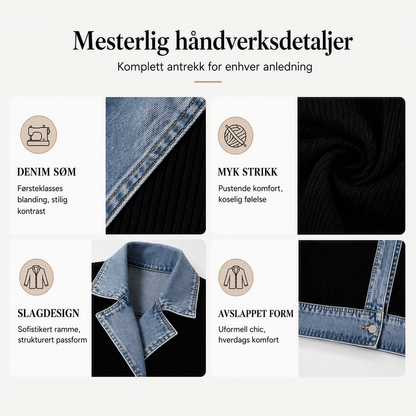 Elegant damekåpe i denim med ribbestrikket innsats