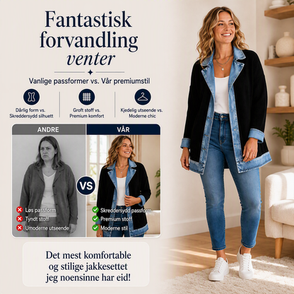 Elegant damekåpe i denim med ribbestrikket innsats