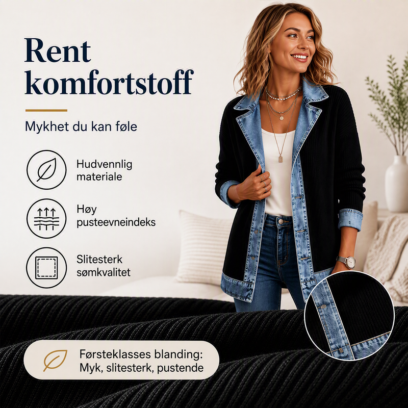 Elegant damekåpe i denim med ribbestrikket innsats