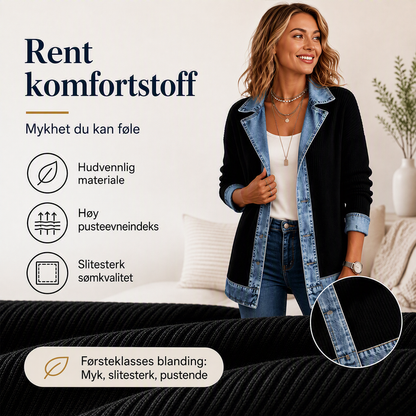 Elegant damekåpe i denim med ribbestrikket innsats