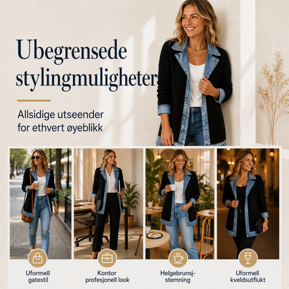 Elegant damekåpe i denim med ribbestrikket innsats