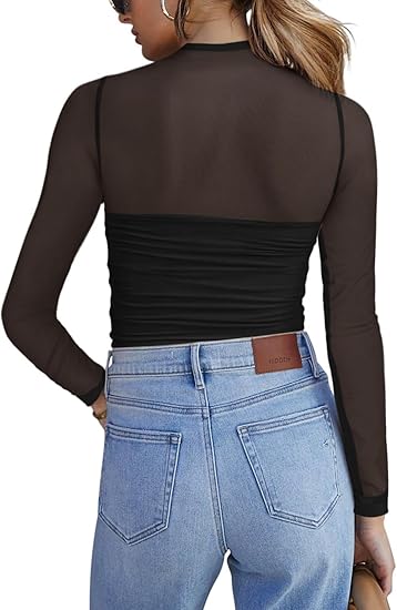 💃Siste dag med salg -50 % rabatt🎉Sparkle Mesh Sheer langermet topp med rynk for kvinner