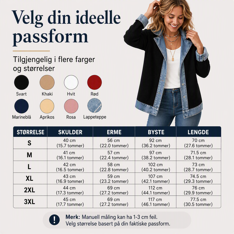 Elegant damekåpe i denim med ribbestrikket innsats
