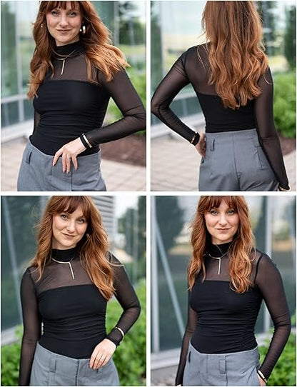 💃Siste dag med salg -50 % rabatt🎉Sparkle Mesh Sheer langermet topp med rynk for kvinner