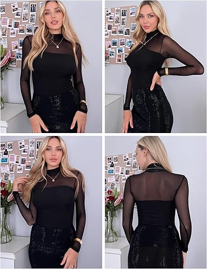 💃Siste dag med salg -50 % rabatt🎉Sparkle Mesh Sheer langermet topp med rynk for kvinner