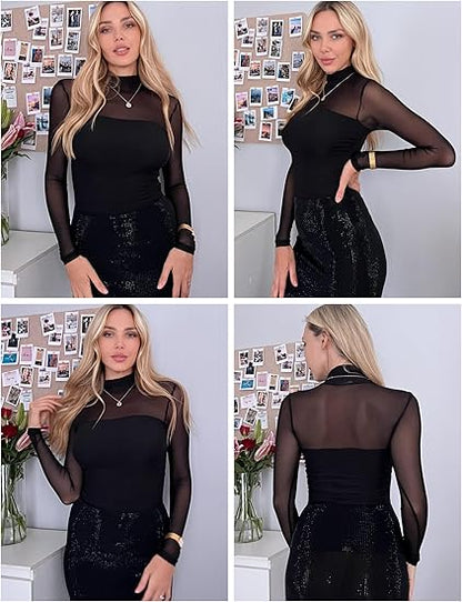 💃Siste dag med salg -50 % rabatt🎉Sparkle Mesh Sheer langermet topp med rynk for kvinner