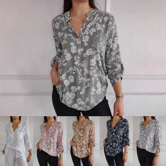 🌸2025 Salg av nye produkter🌸Bluse med paljettlomme og blomstermønster for dame