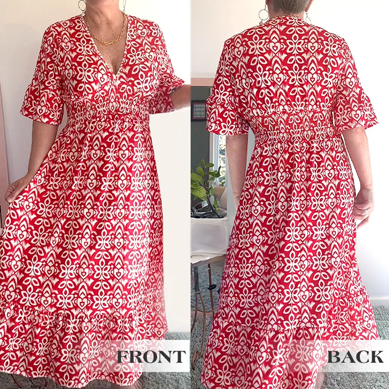 💖SISTE DAGS SALG 50 % RABATT💖Lang kjole i bohemsk stil med V-hals, mønster og snøring i livet