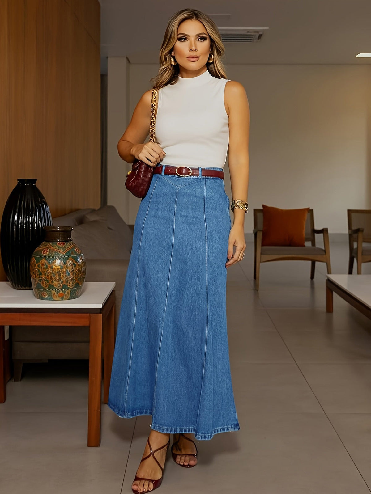 ⏳Tidsbegrenset tilbud⏰A-formet maxi-skjørt i denim med høy midje for damer – fremhever figuren 👗