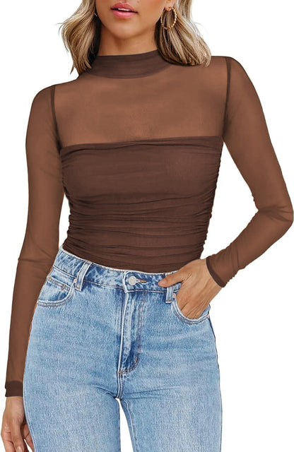 💃Siste dag med salg -50 % rabatt🎉Sparkle Mesh Sheer langermet topp med rynk for kvinner