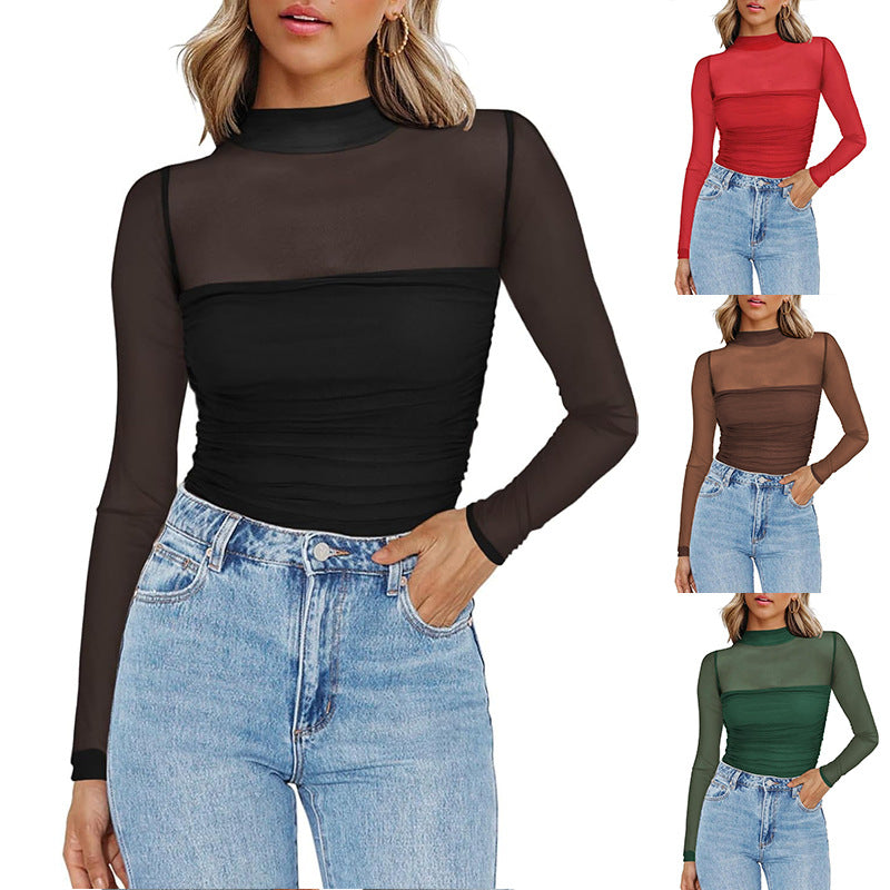 💃Siste dag med salg -50 % rabatt🎉Sparkle Mesh Sheer langermet topp med rynk for kvinner