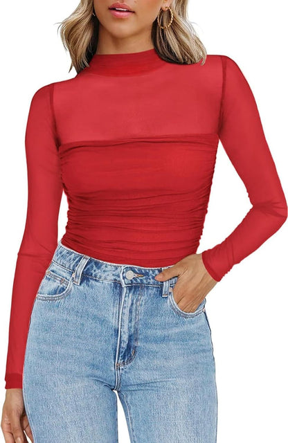 💃Siste dag med salg -50 % rabatt🎉Sparkle Mesh Sheer langermet topp med rynk for kvinner