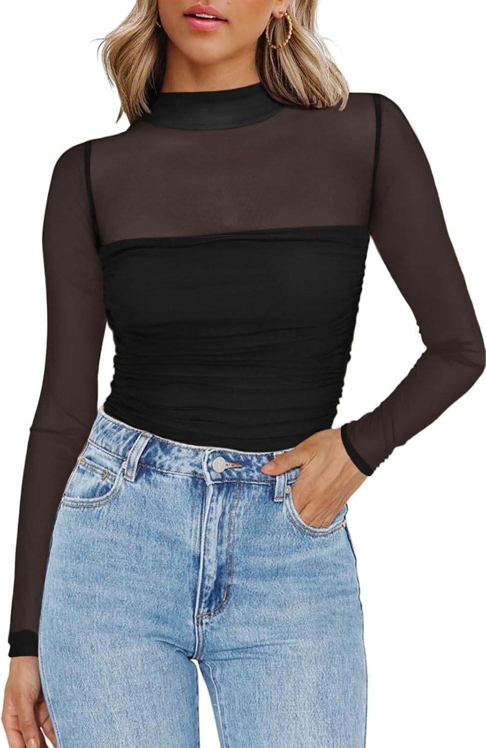 💃Siste dag med salg -50 % rabatt🎉Sparkle Mesh Sheer langermet topp med rynk for kvinner