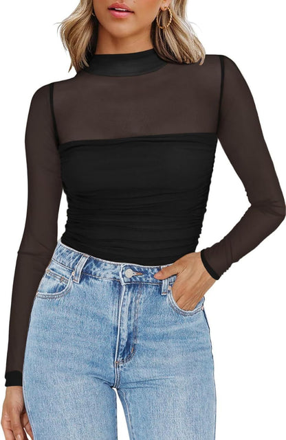 💃Siste dag med salg -50 % rabatt🎉Sparkle Mesh Sheer langermet topp med rynk for kvinner