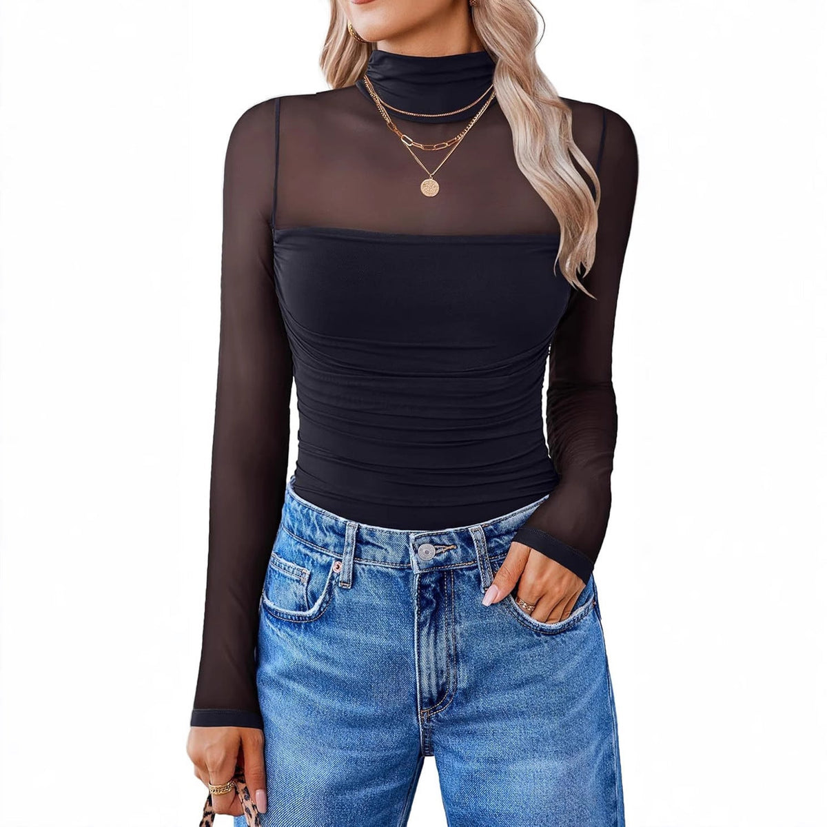 💃Siste dag med salg -50 % rabatt🎉Sparkle Mesh Sheer langermet topp med rynk for kvinner