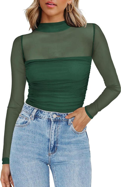 💃Siste dag med salg -50 % rabatt🎉Sparkle Mesh Sheer langermet topp med rynk for kvinner