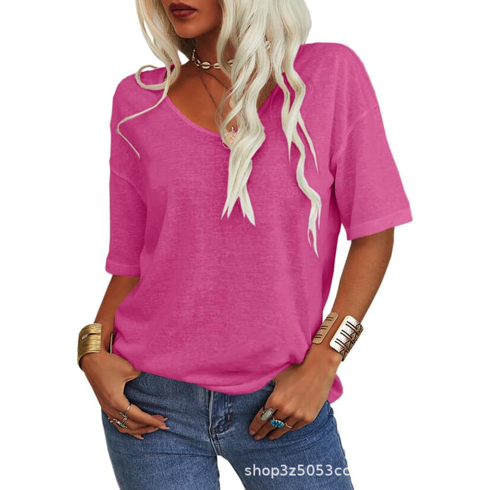 👚Ensfarget V-hals-T-skjorte for kvinner