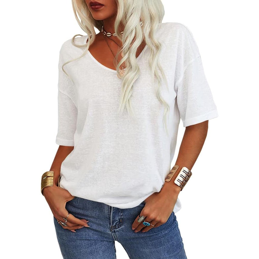 👚Ensfarget V-hals-T-skjorte for kvinner