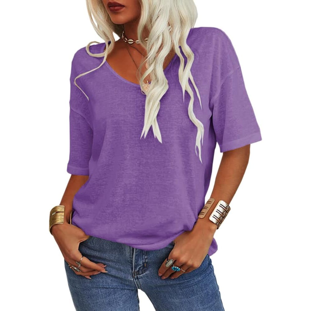 👚Ensfarget V-hals-T-skjorte for kvinner