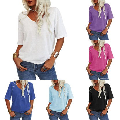 👚Ensfarget V-hals-T-skjorte for kvinner
