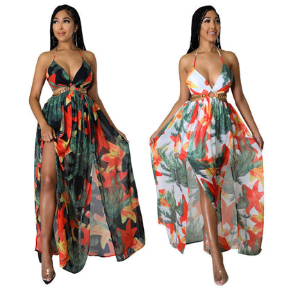 🌷Varm kampanje👗Kvinners blomstertrykk kjededekorasjon delt lår Tie Back Cami kjole