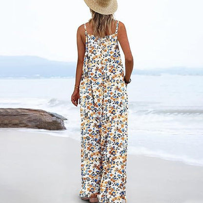 Kvinners sommerbohemsk brede ben jumpsuit med lommer