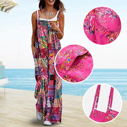 Kvinners sommerbohemsk brede ben jumpsuit med lommer