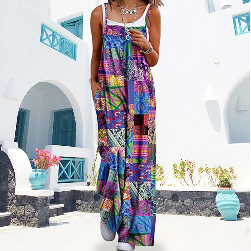 Kvinners sommerbohemsk brede ben jumpsuit med lommer