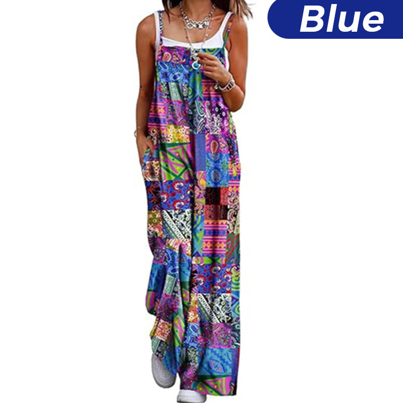 Kvinners sommerbohemsk brede ben jumpsuit med lommer