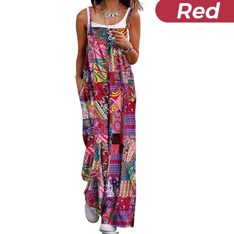Kvinners sommerbohemsk brede ben jumpsuit med lommer