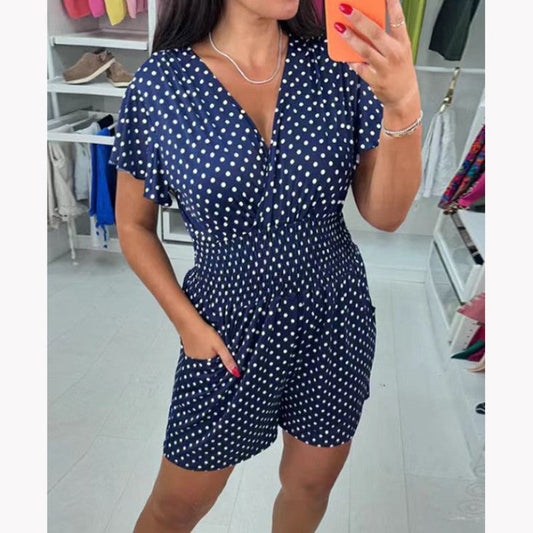 🔥2025 Salg💕 Prikkete jumpsuit med utringning på serek🙆‍♀️