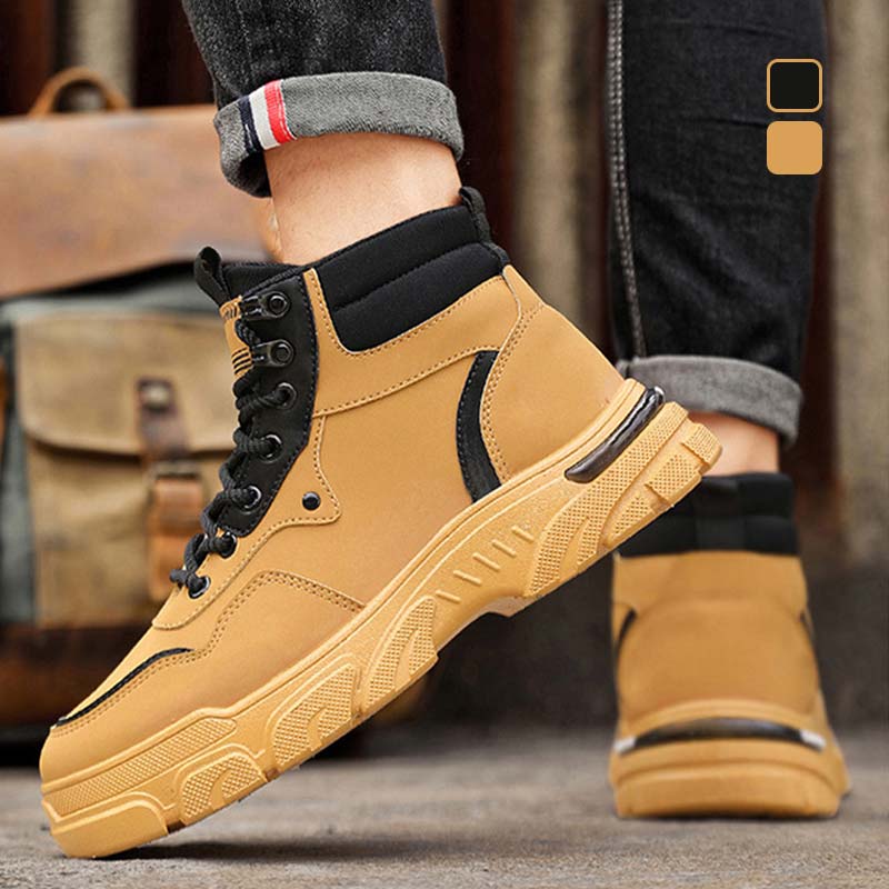 Men wearing yellow men's faux leather high-top boots