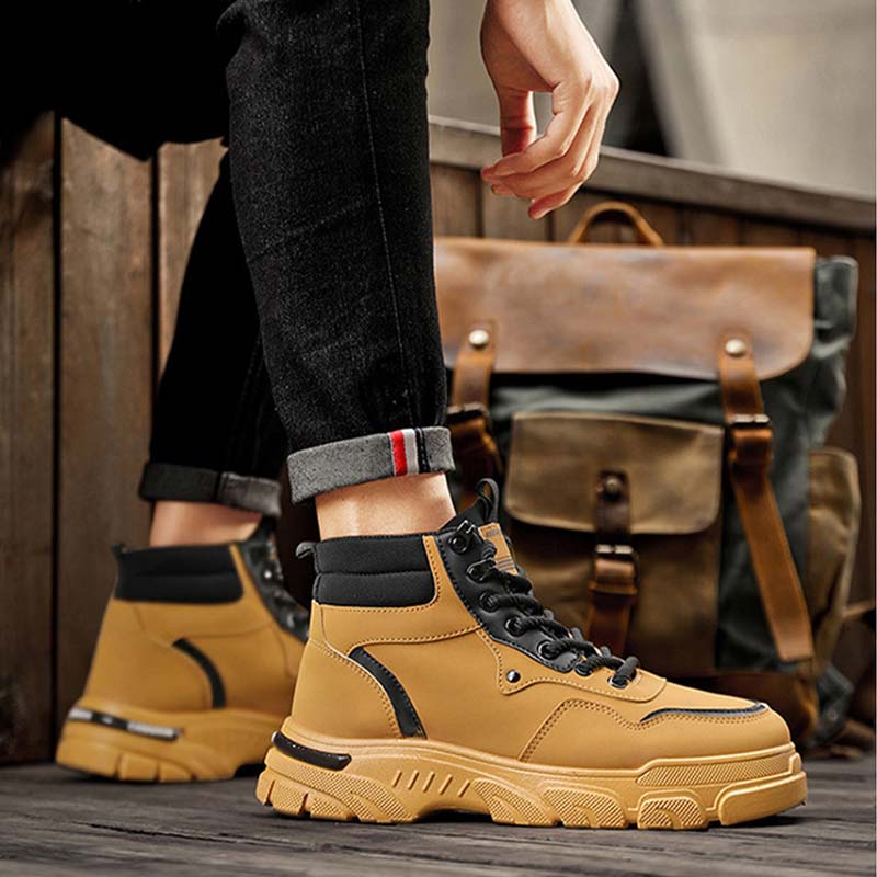 Yellow men's boots styled with casual jeans