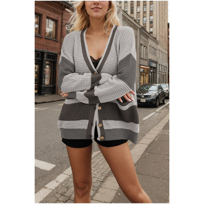 Strikket cardigan med fargeblokk for kvinner