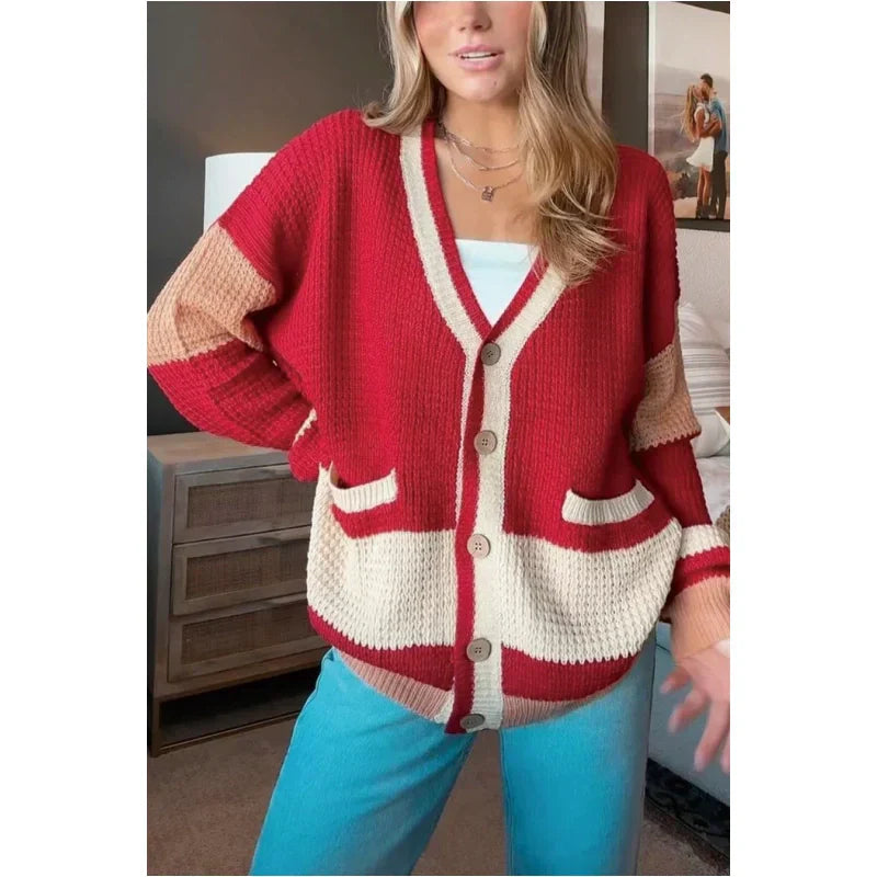 Strikket cardigan med fargeblokk for kvinner