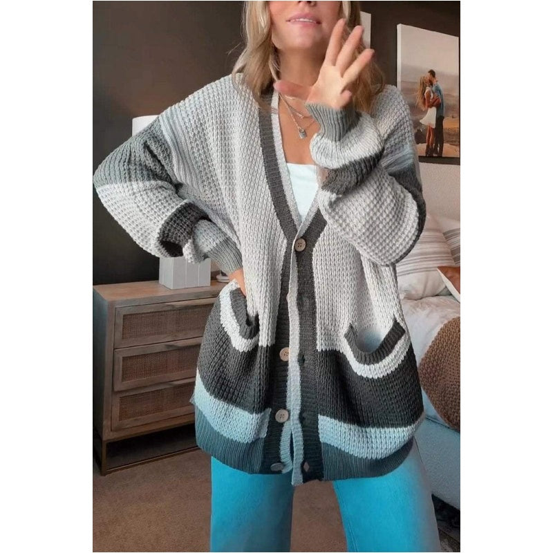 Strikket cardigan med fargeblokk for kvinner