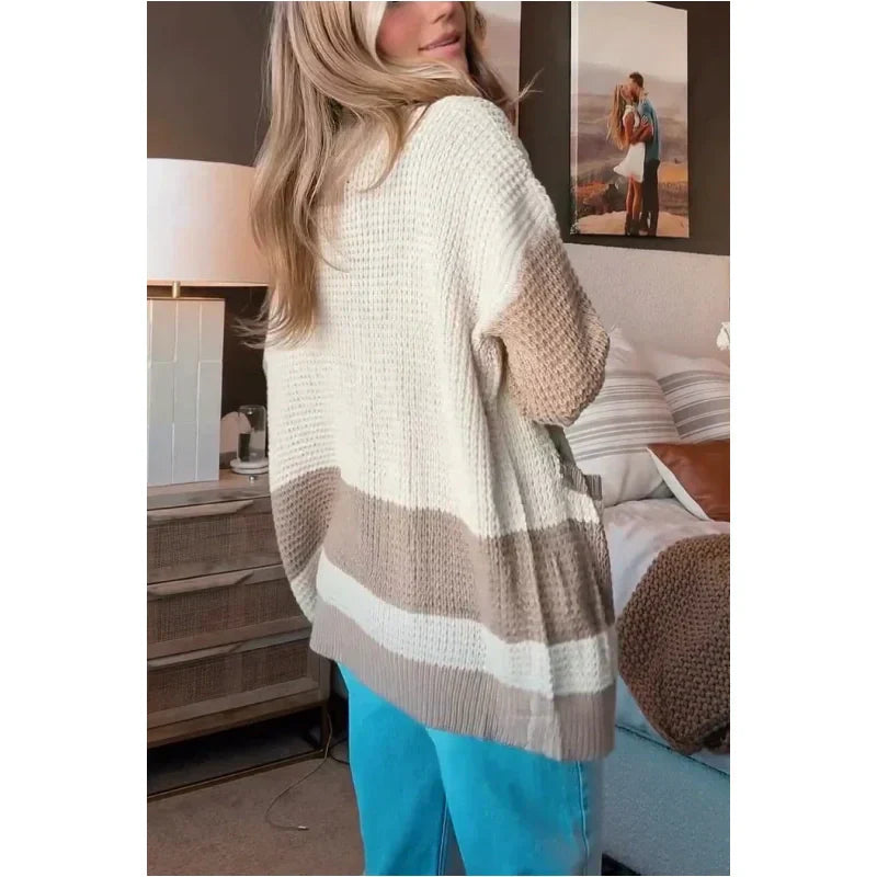 Strikket cardigan med fargeblokk for kvinner