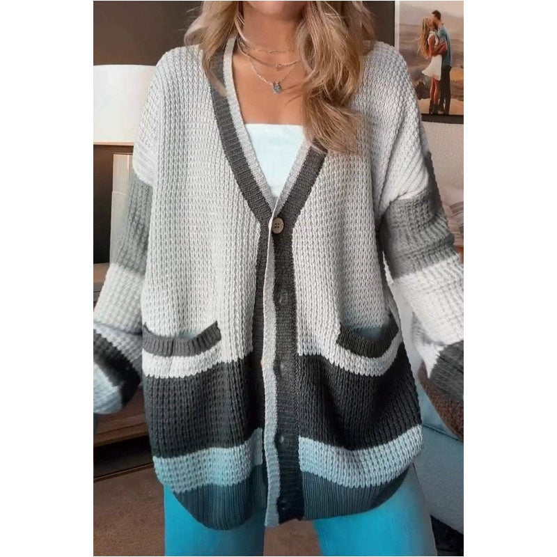 Strikket cardigan med fargeblokk for kvinner