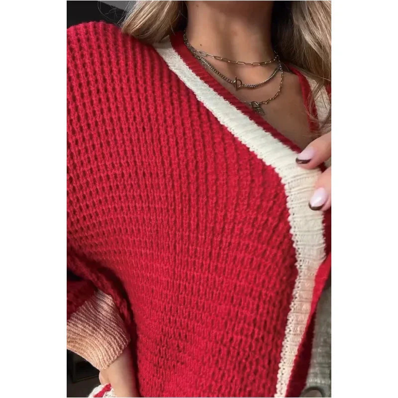 Strikket cardigan med fargeblokk for kvinner