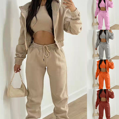 🔥2025 Sporty fritidsgenser med hette til dame + slim-fit vest + bukse, sett med 3 stk.