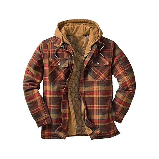 Quiltet, fôret plaidjakke med hette for menn