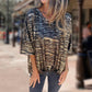 🌞HOT SALE👚Løs V-hals T-skjorte med leopardmønster og halvlange ermer for kvinner