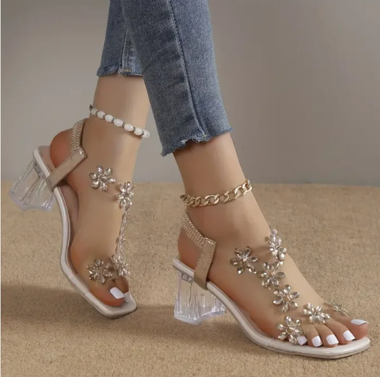 Sandaler med blokkhæl med blomster og rhinestone for kvinner