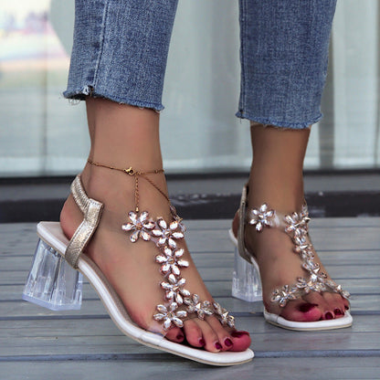 Sandaler med blokkhæl med blomster og rhinestone for kvinner