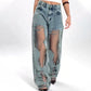 Damejeans med vintage-trykk og mesh-patchwork